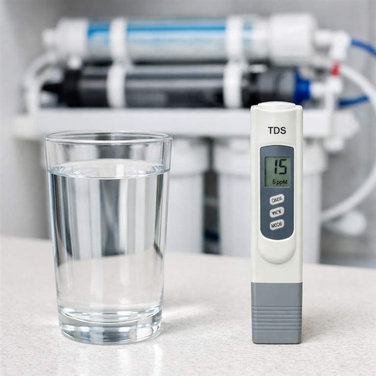 Osmosewasser im Glas mit TDS-Messgerät zeigt 15 ppm und Sparkling Deluxe im Hintergrund