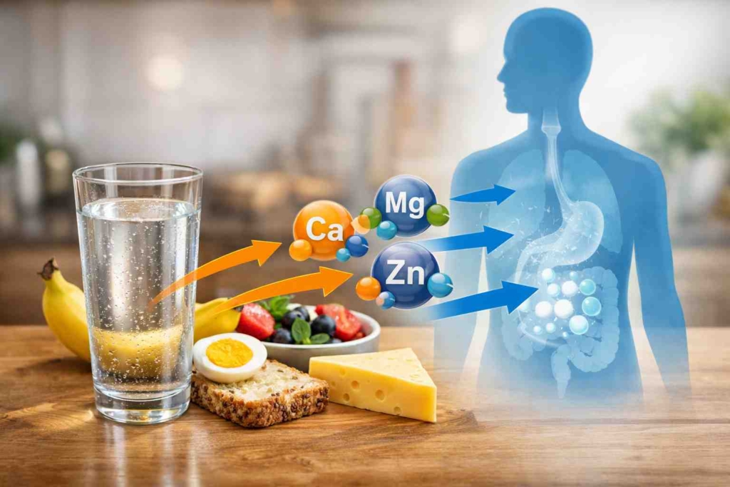 Lebensmittel und Glas Wasser symbolisieren Transport von Mineralstoffen im Körper