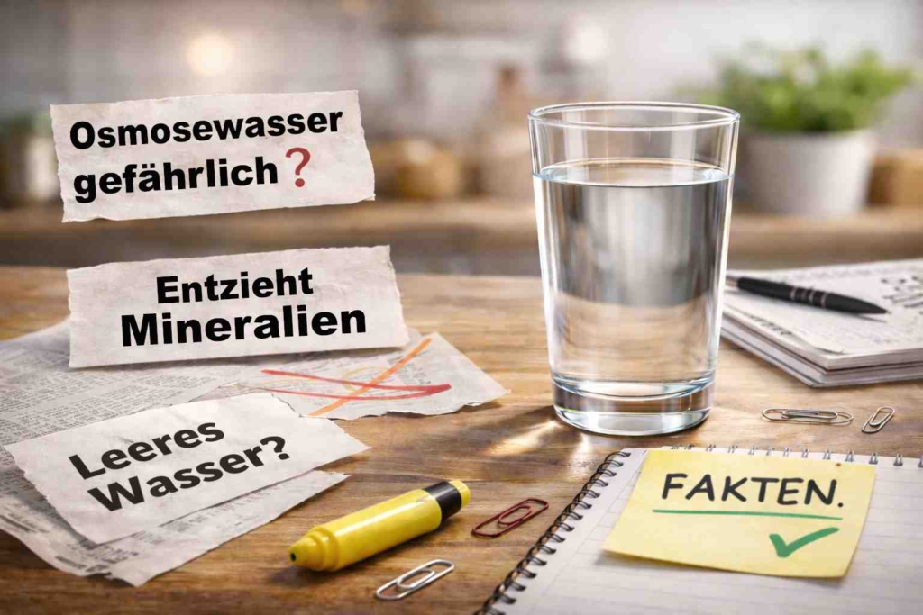 Symbolbild zu Mythen und Fakten über Osmosewasser mit Glas Wasser und Notizen