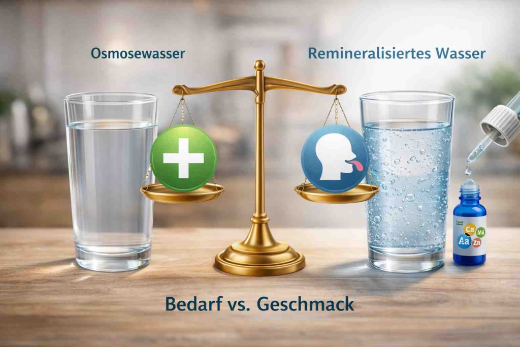 Zwei Gläser Wasser – links Osmosewasser, rechts remineralisiertes Wasser mit Mineralzugabe und Symbol für Geschmacksentscheidung