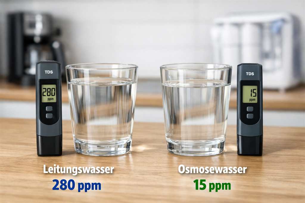 Zwei Gläser Wasser mit TDS-Messgeräten zeigen 280 ppm Leitungswasser und 15 ppm Osmosewasser im direkten Vergleich