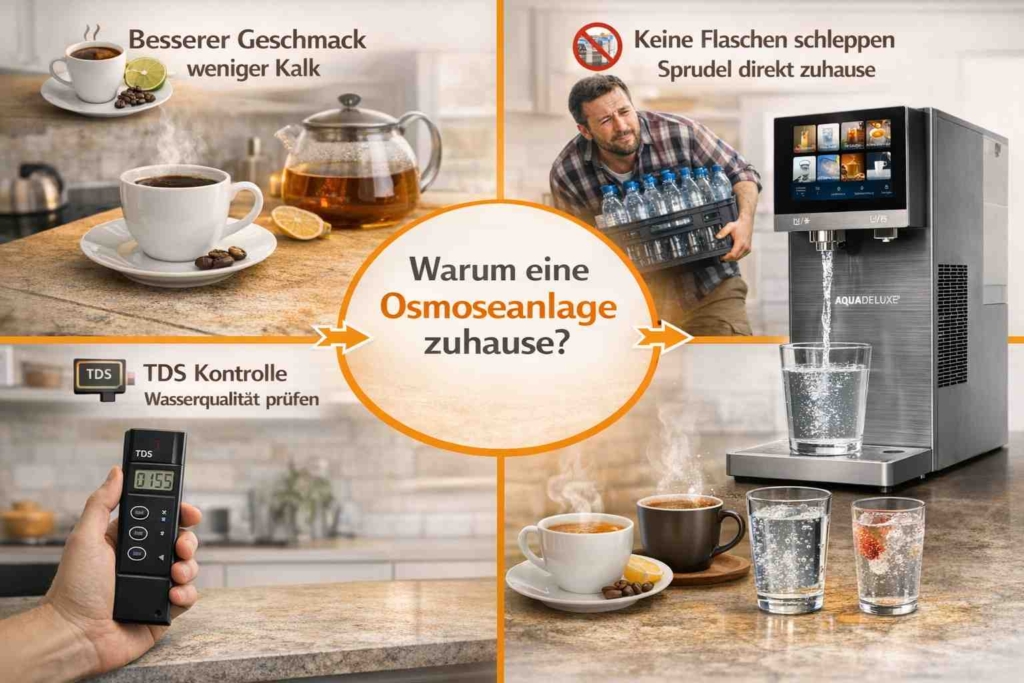 Vorteile einer Osmoseanlage zuhause – besserer Geschmack, keine Flaschen schleppen, TDS Kontrolle und Komfortfunktionen wie Sprudel und Heißwasser