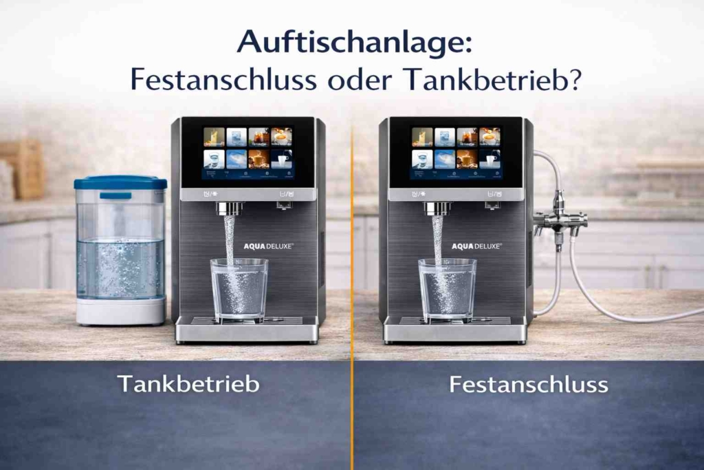 Auftisch Osmoseanlage mit zwei Betriebsarten – Tankbetrieb ohne Wasseranschluss oder Festanschluss direkt an der Wasserleitung