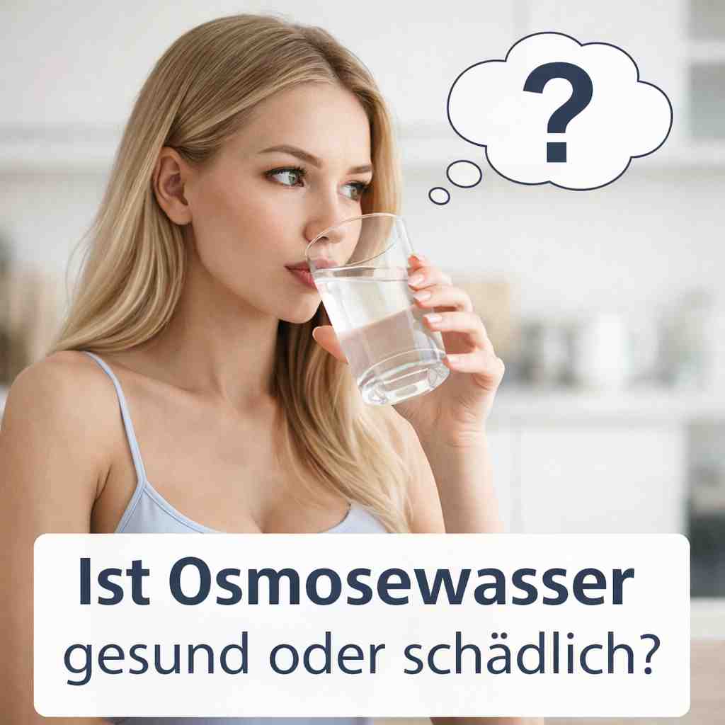 Blonde Frau mit Wasserglas in der Küche – Titelbild für den Artikel Ist Osmosewasser gesund oder schädlich