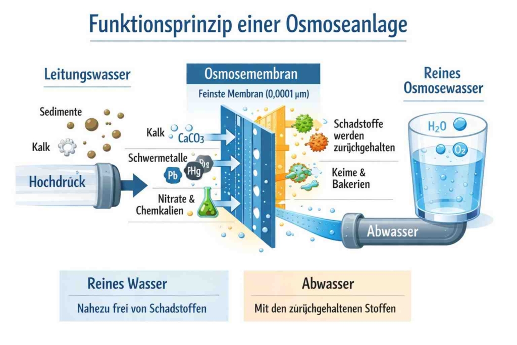 Funktionsprinzip einer Osmoseanlage – Schema der Umkehrosmose mit Membran und Wasserfiltration