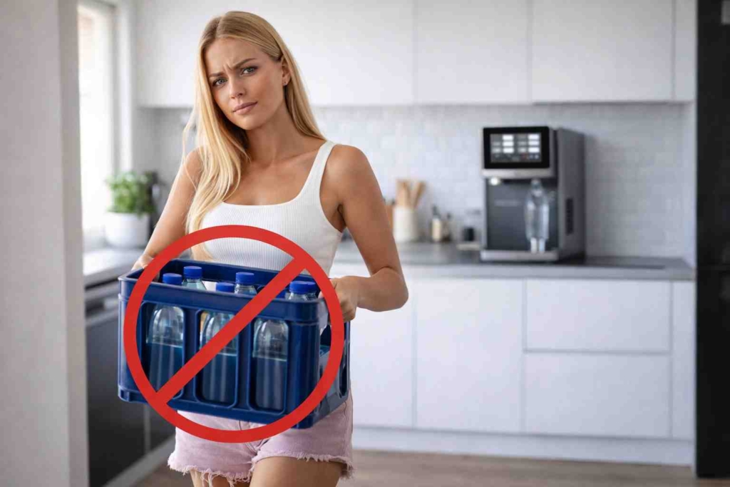 Frau trägt schweren Wasserkasten mit durchgestrichenem Symbol – Osmoseanlage Sparkling Deluxe als Lösung für Zuhause ohne Schleppen